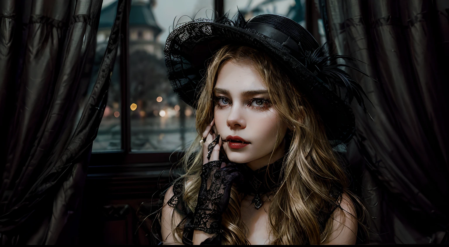 Full body: Generates a night portrait, (vampire girl:1.1) with (sharp, pointed fangs:1.1), A female vampire with a fair complexion, blonde hair and deep-set eyes. She wears a black lace corset, a long frilly skirt and long gloves. She wears a hat adorned with feathers, Hair gathered in a high bun with some loose strands, she has a mesmerizing Look, elegant pose and the vampire stops in front of a candlelit window, her reflection in the glass looks haunting. The Pont des Arts in Paris, with the Seine River and the Eiffel Tower in the background. The romantic atmosphere of the city blends with the mystery of the vampire, Photorealistic, The vampire raises her hat with one hand, while with the other she holds a fan that covers part of her face, revealing only her hypnotic eyes and a suggestive smile, photo, Canon EOS 5D Mark IV, with Canon EF 85mm f/1.4L IS USM lens, Aperture f/2.0, ISO 800, speed 1/160, hdr