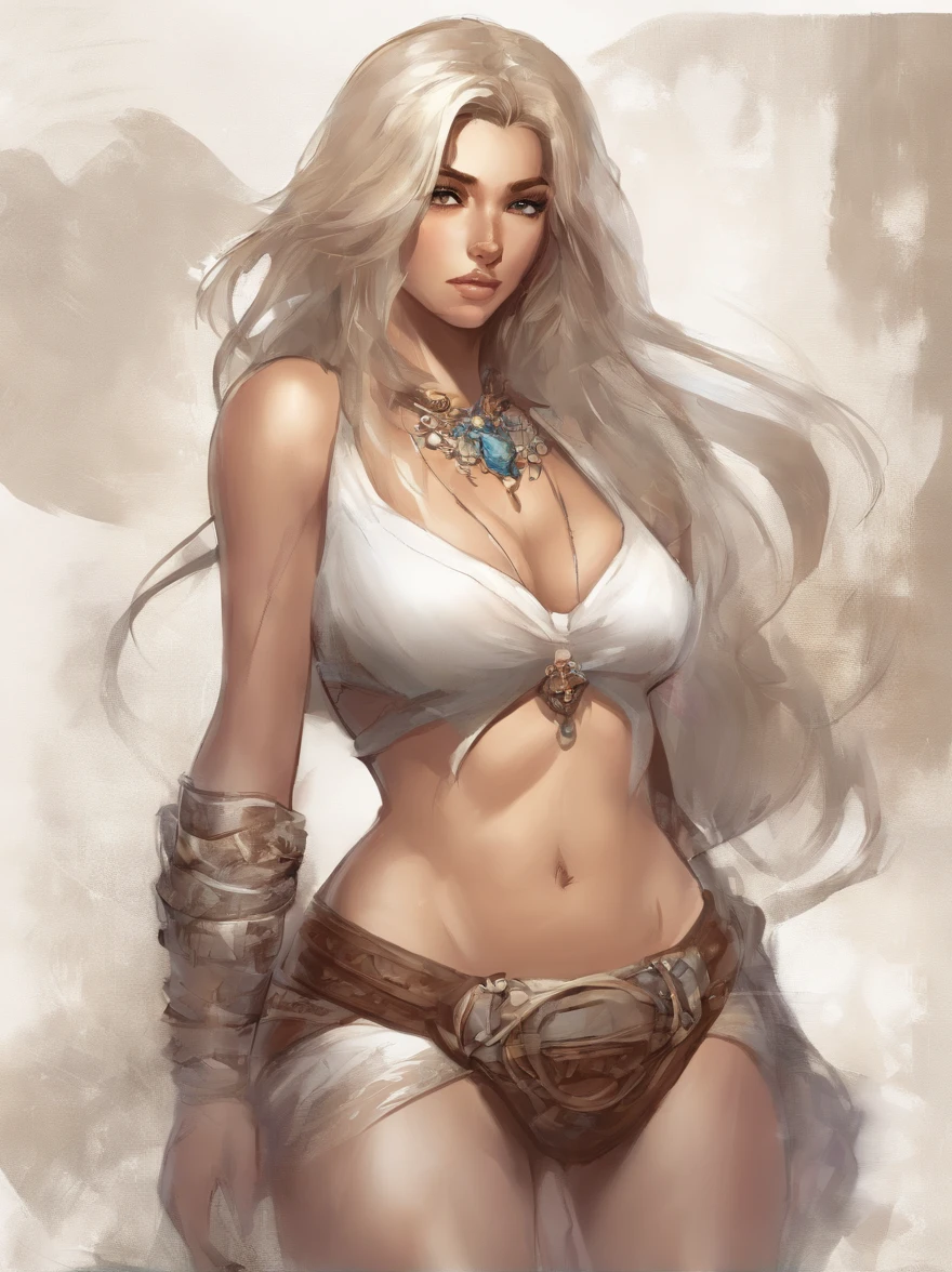 full body, 1girl in, 25, Solo, Long hair, Colossal tits, Looking at Viewer, blondehair, Bare shoulders, Brown eyes, jewely, Full body, a necklace, brown leather bikini, high-heeled shoes, Realistic, A sexy, in white wall