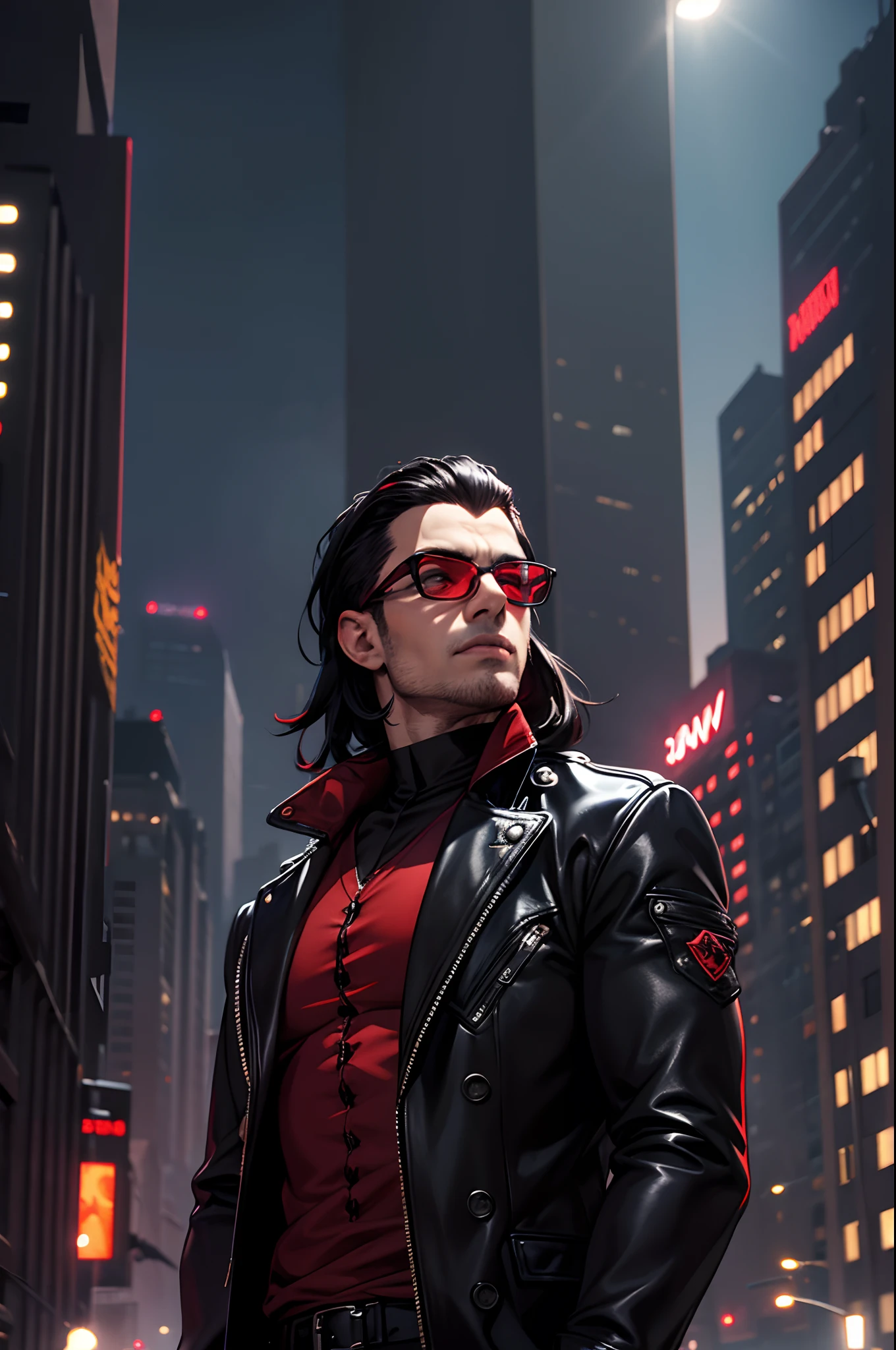 Um vampiro masculino na cidade de New York, usando jaqueta de couro, cabelo longo e preto, musculoso, cinto, sobretudo, coturno, night sky, cidade cheia, Buildings, Black and red clothes wearing glasses with a red lens.