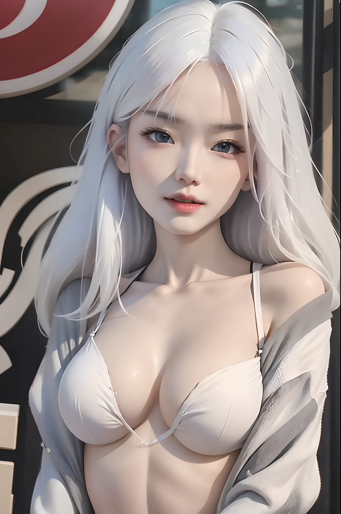 top-quality，8K，tmasterpiece，Beautuful Women，Slender abs，White color hair，Super detailed face，s the perfect face，Highly detailed lips，Detailed eyes，二重まぶた，photographrealistic