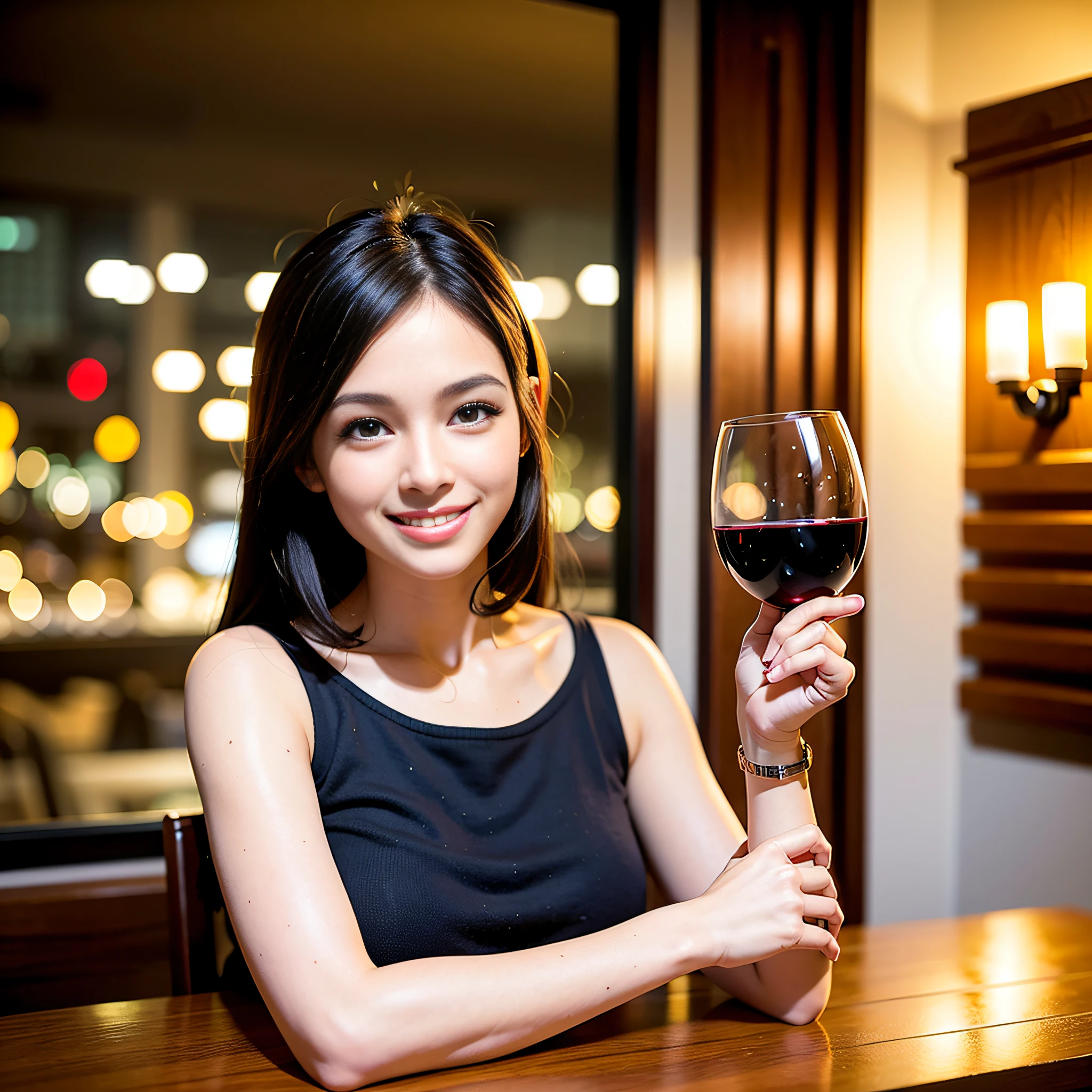 (64K, UHD, top quality, masterpiece: 1.2), (realistic, photorealistic: 1.37), super detailed, pretty woman 1 person, (slim face), (slim body), (brown hair), (short cut), cheeks slightly blushing, (44 years old), 38 years old, solo, beautiful detailed urban night view outside the window, restaurant, wine glasses sit, at night, in a prominent placeNovaFrogStyle, Actress, Model, Waist Up, White Wine, Slim, Wine Glass, Super Clean Night View, Wine Glass Put in the Middle, Happy Smile, (Smile: 1.15), Beautiful Fine Eyes, Upper Body, Bust Japan Up, Night, Short, Short, Actress, Model, Waist Up, White Wine, Slim, Wine Glass, Super Clean Night View, Wine Glass Put in the Middle, Happy Smile,