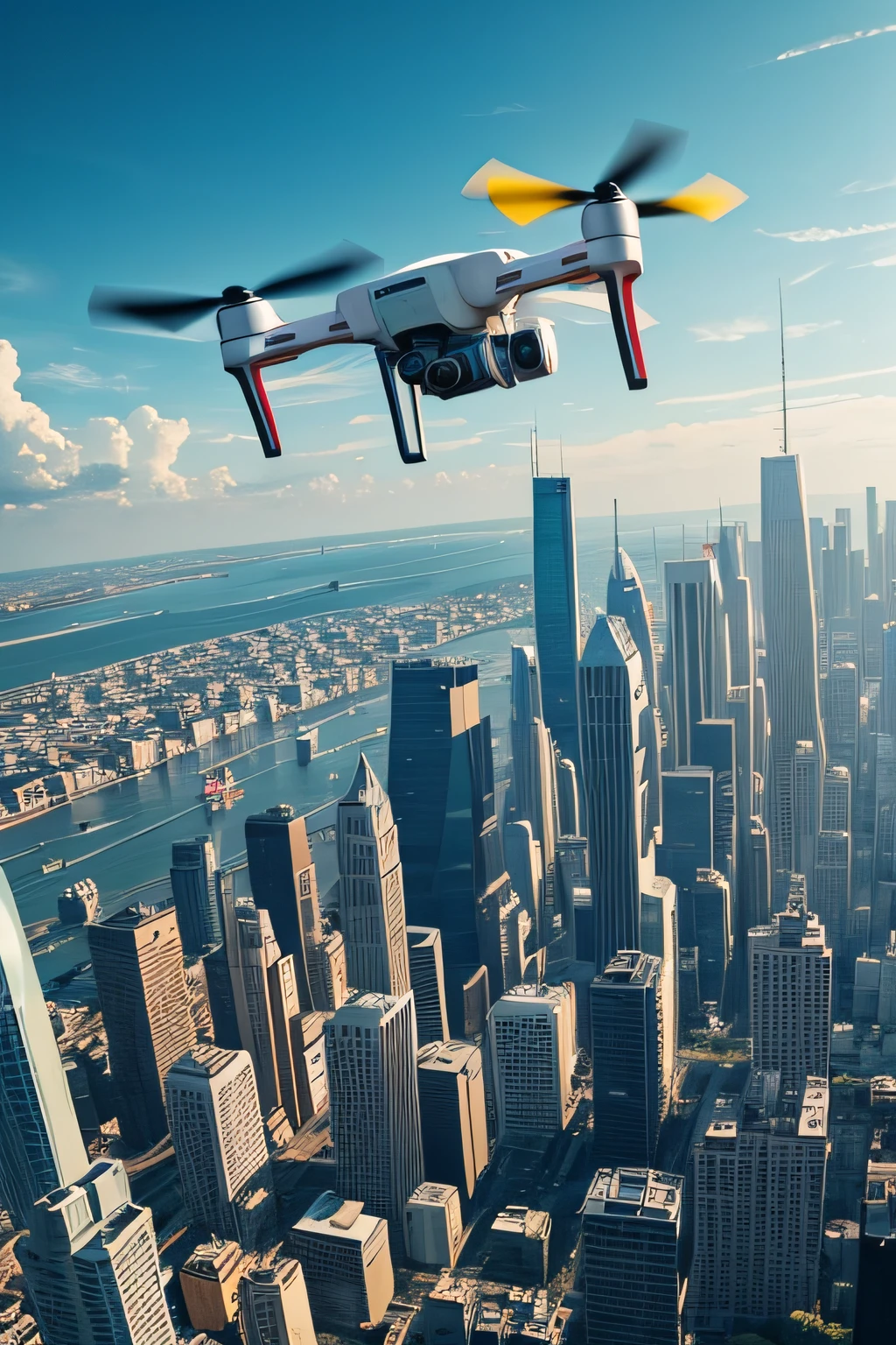 Drones fly in the city air，The background is the city，Sci-fi sense