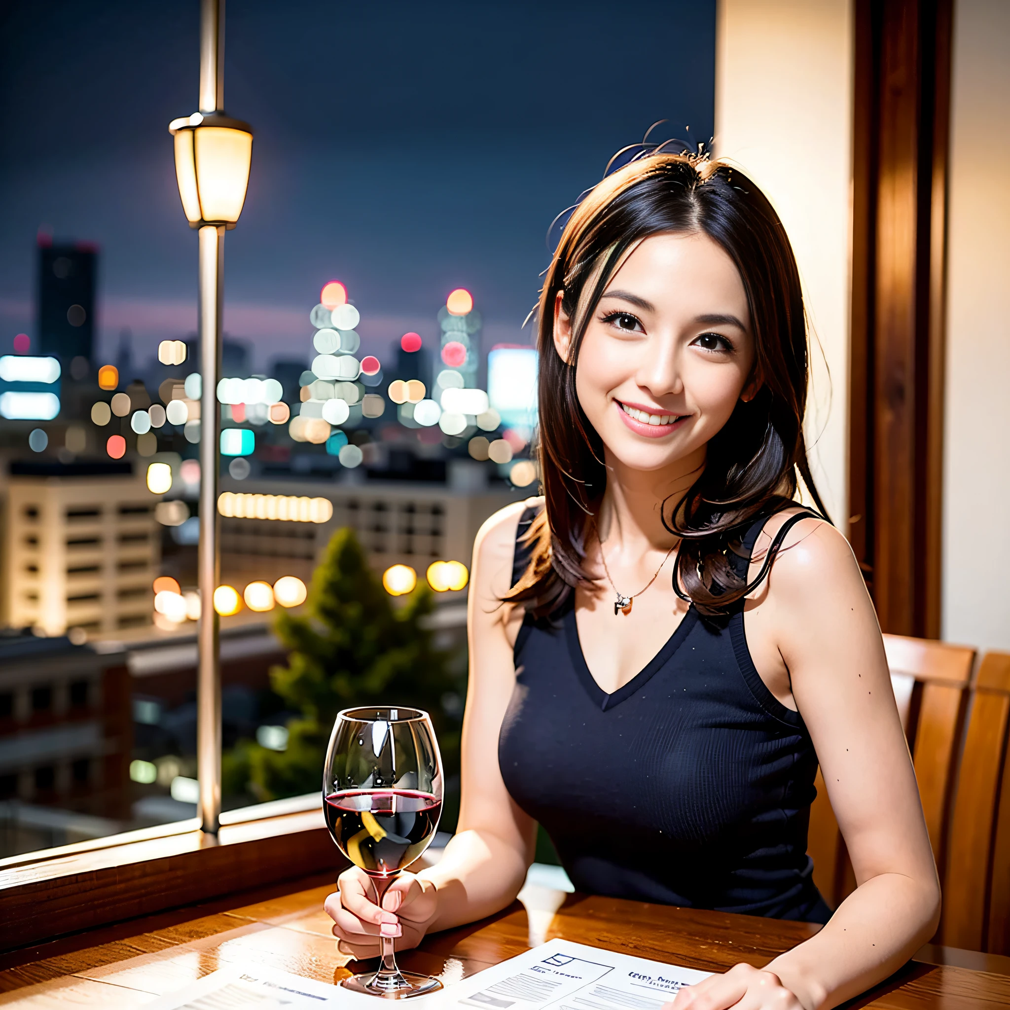 (64K, UHD, top quality, masterpiece: 1.2), (realistic, photorealistic: 1.37), super detailed, pretty woman 1 person, (slim face), (slim body), (brown hair), (short cut), cheeks slightly blushing, (44 years old), 38 years old, solo, beautiful detailed urban night view outside the window, restaurant, wine glasses sit, at night, in a prominent placeNovaFrogStyle, Actress, Model, Waist Up, White Wine, Slim, Wine Glass, Super Clean Night View, Wine Glass Put in the Middle, Happy Smile, (Smile: 1.15), Beautiful Fine Eyes, Upper Body, Bust Japan Up, Night, Short, Short, Actress, Model, Waist Up, White Wine, Slim, Wine Glass, Super Clean Night View, Wine Glass Put in the Middle, Happy Smile,