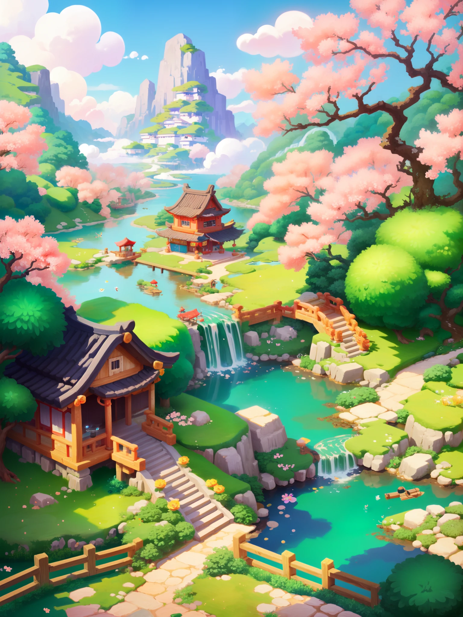toon, (masterpiece, top quality, best quality), tree, outdoors, no humans, grass, scenery, day, flower, bush, pond, cloud, rock, nature, buliding, fences, ancient chinese, wooden house, bridge, waterfall, wide shot, vibrant, vivid color, colorful, peach blossom,