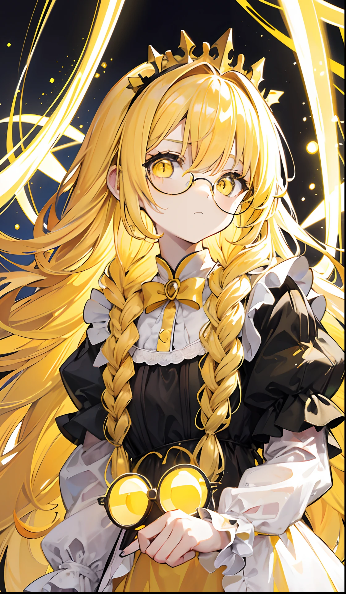 Long blonde hair，Black glasses，The various yellow and yellow princess puffy dresses look a little intellectual and cute, Poor and simple little yellow braid，Glowing，black-frame glasses，Various yellow and white dresses with light golden yellow look a little cute,The eyes are a brilliant golden yellow，Fluorescent，Poor milk and simple，There is fluorescence on the whole