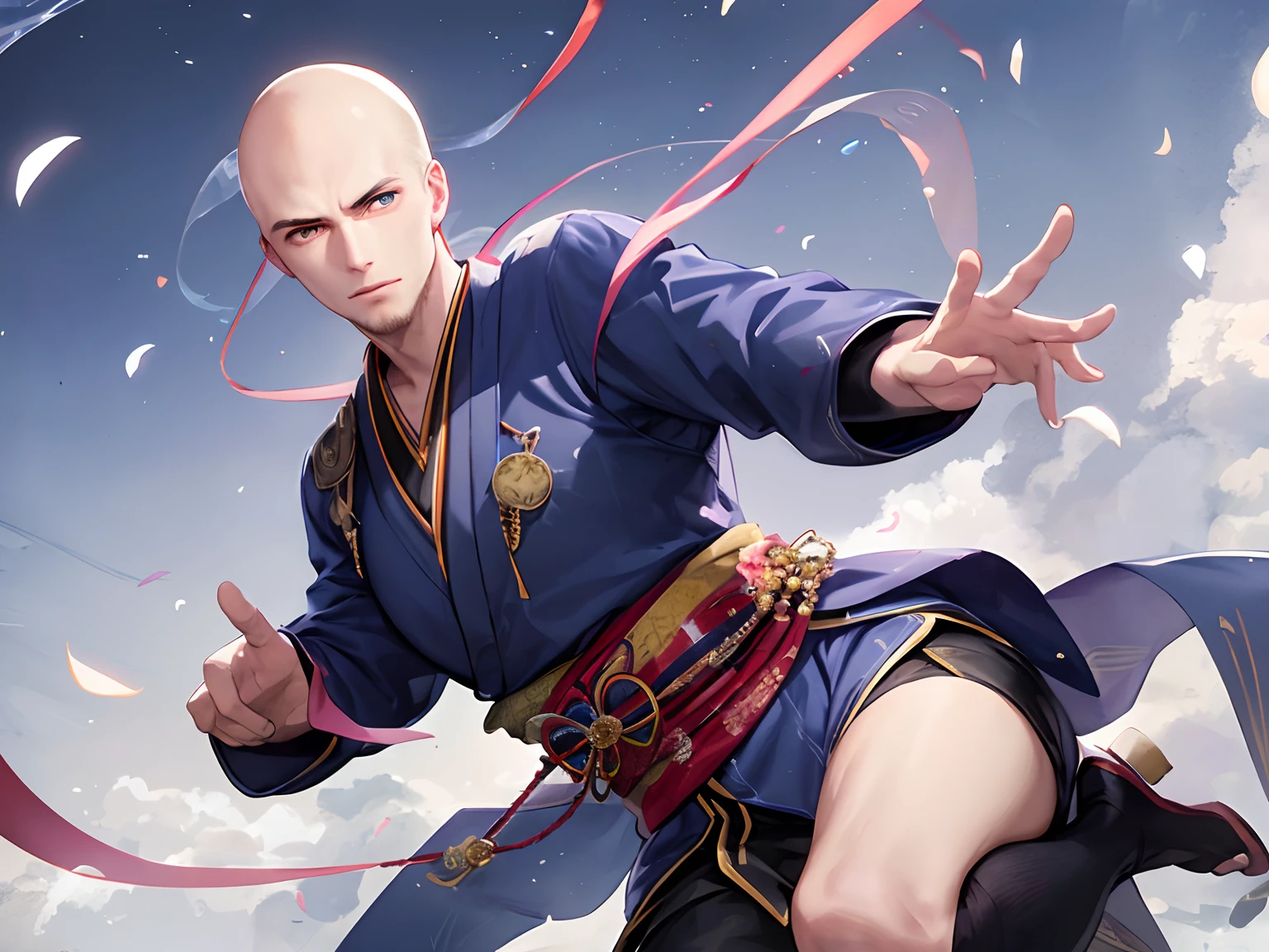 superfine illustration, very detailed beautiful face and eyes, Dynamic Angle, Head to knee display, Man in a strange pose, crystal clear skies, Balding handsome man, Take a playful pose here, flying though the air, Wear a Japan kimono, Holding three swords in each hand