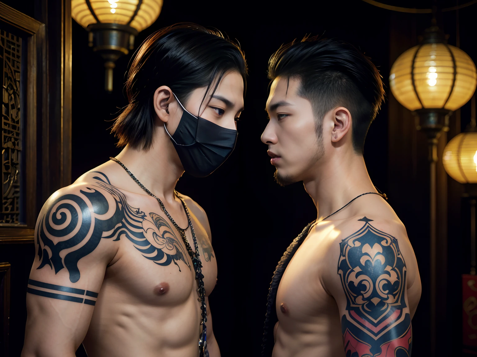 Two Asian men with tattoos and masks on their faces, alessio albi and shin jeongho, jin shan and ross tran, roberto ferri and ruan jia, ross tran and bayard wu, ruan jia and brom, yiqiang and shurakrgt, two muscular men entwined, inspired by Wang Duo