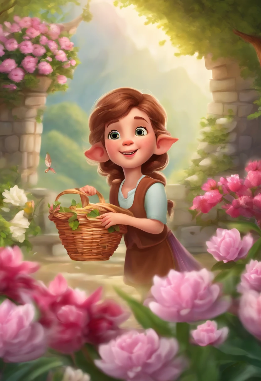 Three or four brown-haired 6--old es，Handheld flower basket，Surrounded by beautiful pink flowers and nature, you can run happily while playing，Enjoy the lovely valley scenery，6 year ol medium view，The illustration is in 8K resolution，hd illustration，With very detailed facial features and cartoon style，The characters and scenery are very harmonious，The flowers are also clearly visible，The vista is snow-capped mountains，The close-up view is the flowers