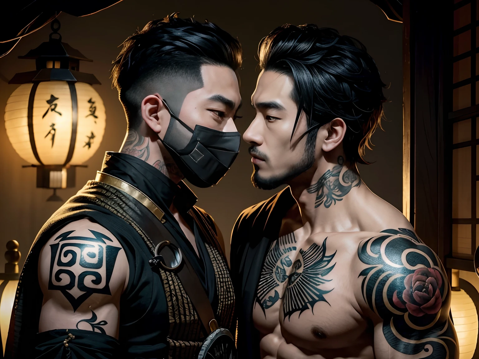 Two oriental men, Boyfriend, In the fun, roleplaying, Play as a sexy bandit,male people, A mask（black in color）, Kiss, Oriental lanterns, body defined, Beautiful, Oriental, Realistic, Cinematic, High quality, 16k, Best quality, High details, Super detail, Tattoos,