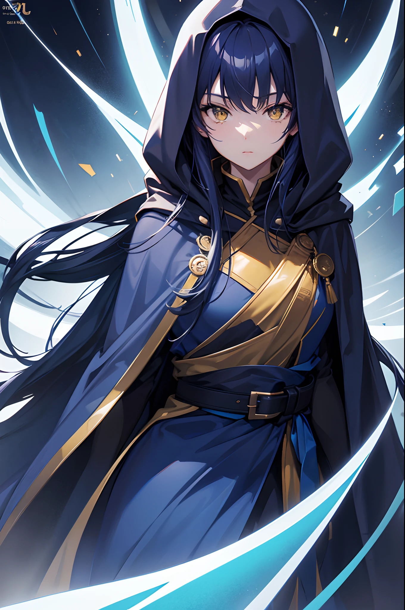 Cover magazine, anime, woman, solo, long hair, dark blue hair, yellow eyes, model, beautiful, half body potrait, Cloak, hood covering the head