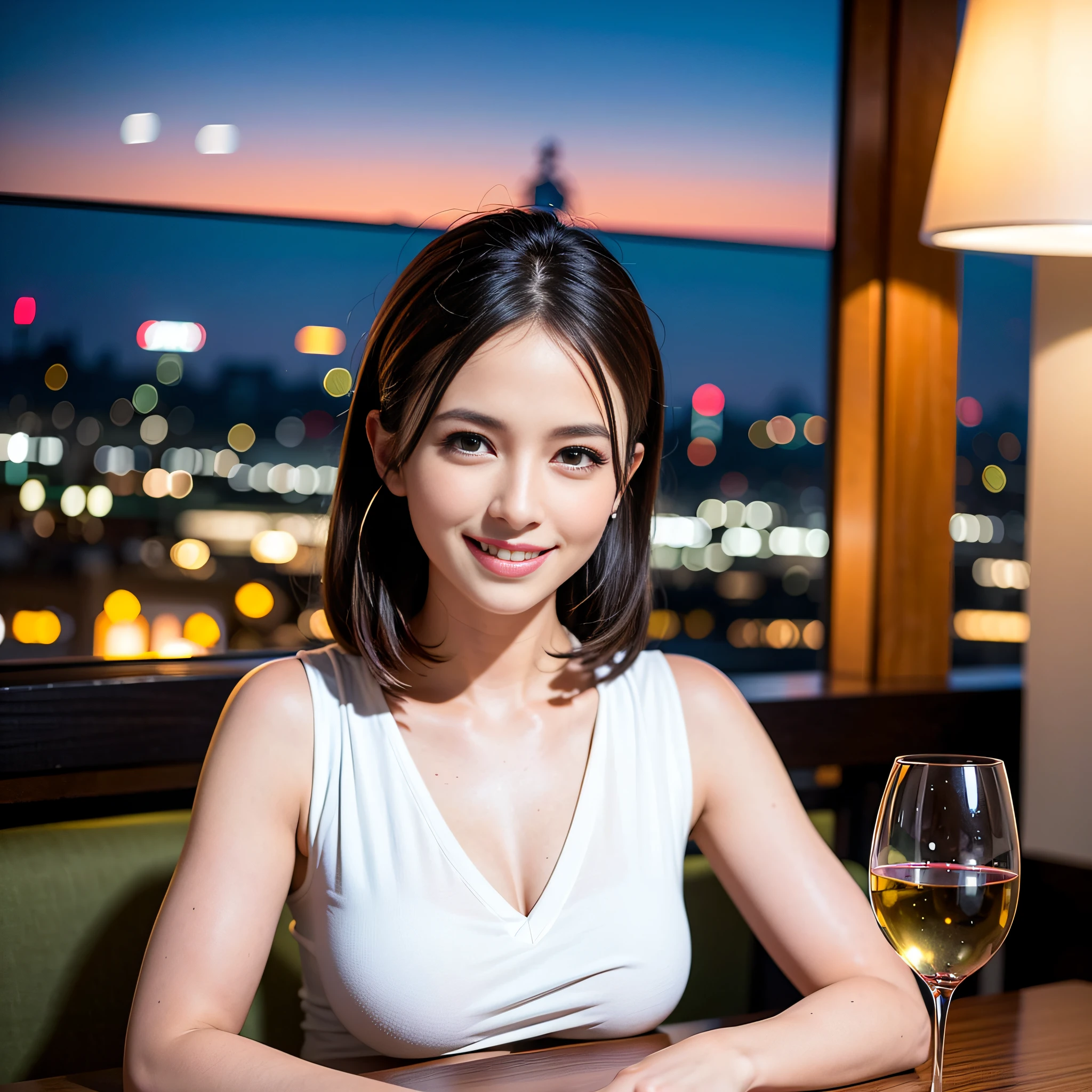 (64K, UHD, top quality, masterpiece: 1.2), (realistic, photorealistic: 1.37), super detailed, pretty woman 1 person, (slim face), (slim body), (brown hair), (short cut), cheeks slightly blushing, (44 years old), 38 years old, solo, beautiful detailed urban night view outside the window, restaurant, wine glasses sit, at night, in a prominent placeNovaFrogStyle, Actress, Model, Waist Up, White Wine, Slim, Wine Glass, Super Clean Night View, Wine Glass Put in the Middle, Happy Smile, (Smile: 1.15), Beautiful Fine Eyes, Upper Body, Bust Japan Up, Night, Short, Short, Actress, Model, Waist Up, White Wine, Slim, Wine Glass, Super Clean Night View, Wine Glass Put in the Middle, Happy Smile,