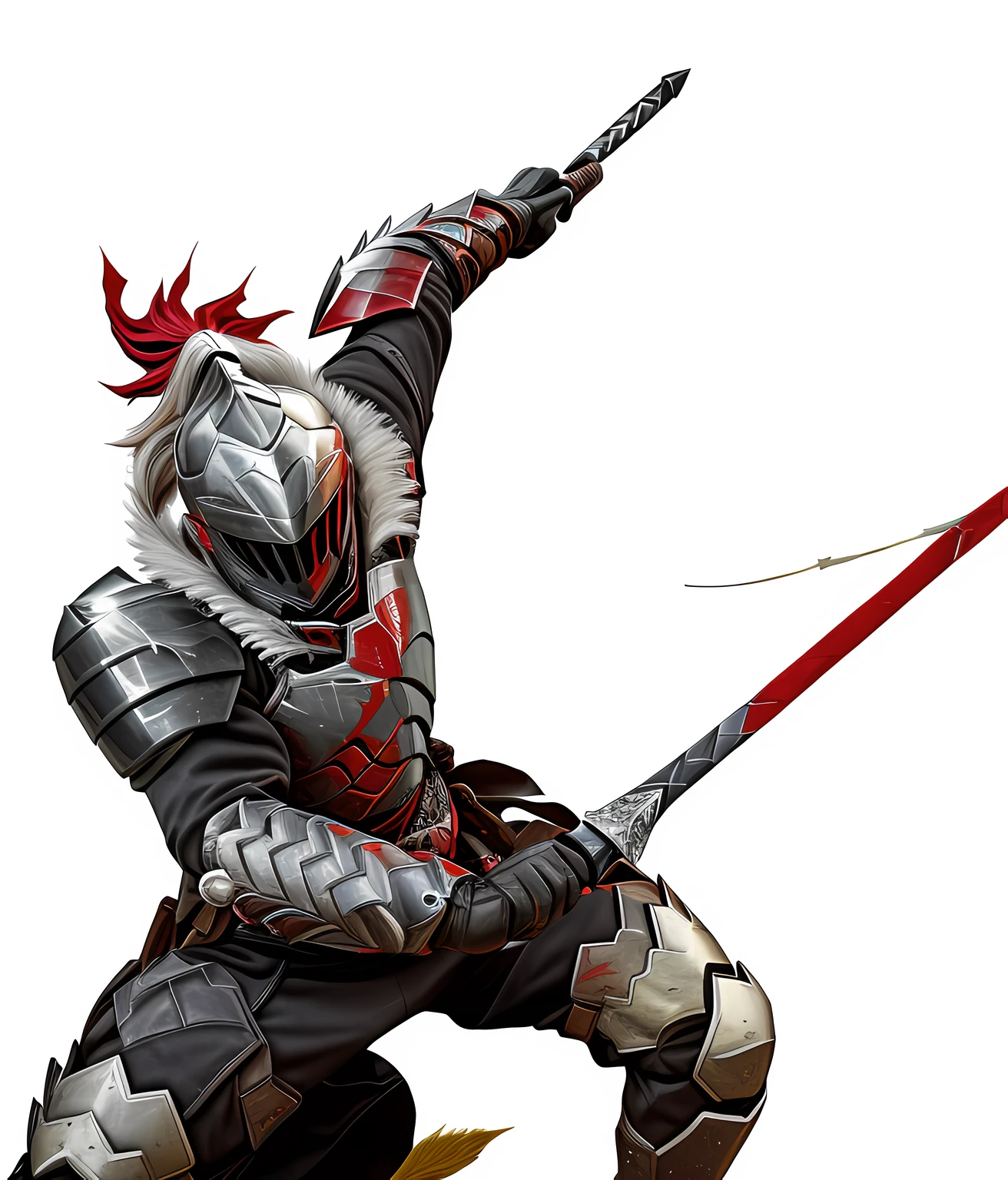 a close up of a person with a sword and a helmet, portrait of ninja slayer, white and red armor, undead knight, as a badass monster hunter, berserker, dramatic wielding sword pose, fighting game character, in monster hunter armor, combat pose, umanosuke iida, hold spear, badass pose, oni, scary knight, from overlord, official art, white background