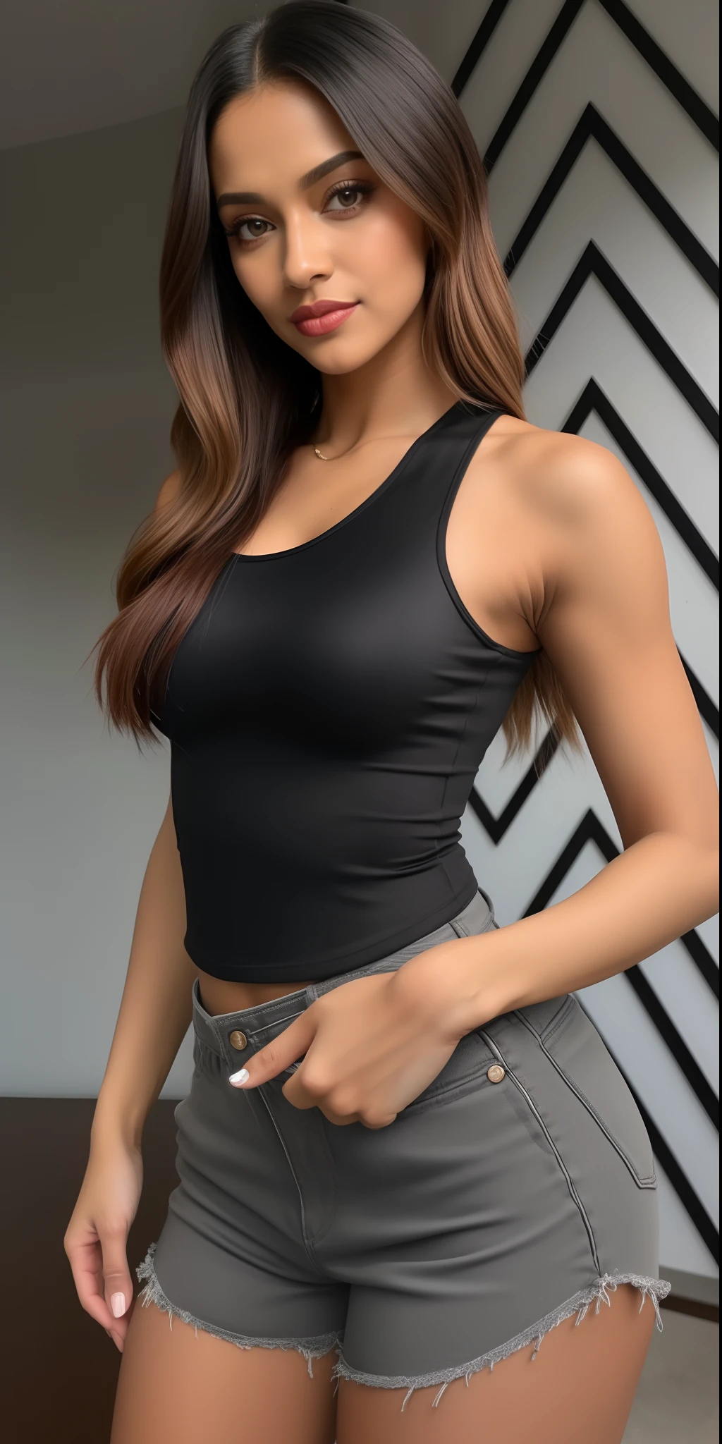 um close up de uma mulher de top preto e shorts, tampo preto, she is wearing a black tank top, tanque preto apertado, Tampo tanque preto, Tampo tanque preto, usando um top bonito, usando uma regata cropped preta, topo de cabresto preto, usando uma regata preta cropped, Tampo do tanque apertado, Bodysuit preto, detalhes sutis