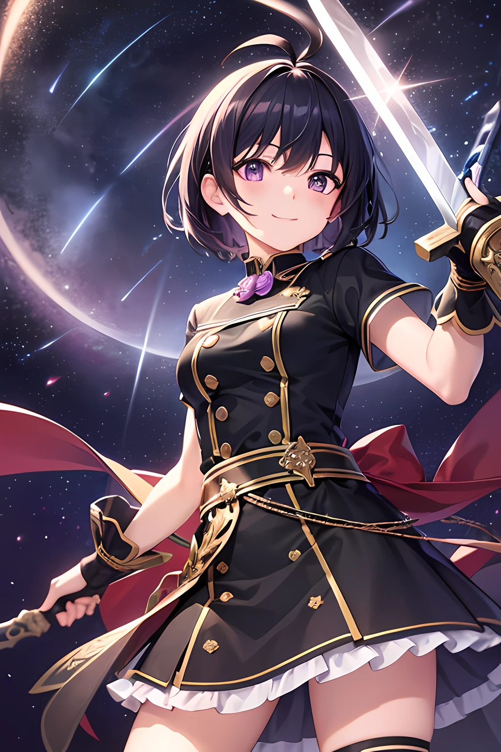 masterpiece, best quality, extremely detailed, anime, girl, skirt, sword, girl, shorthair, ahoge, mini skirt, black hair, purple eyes, idol, foreshortening, night sky, star, starry sky, smile, standing, sword fighting