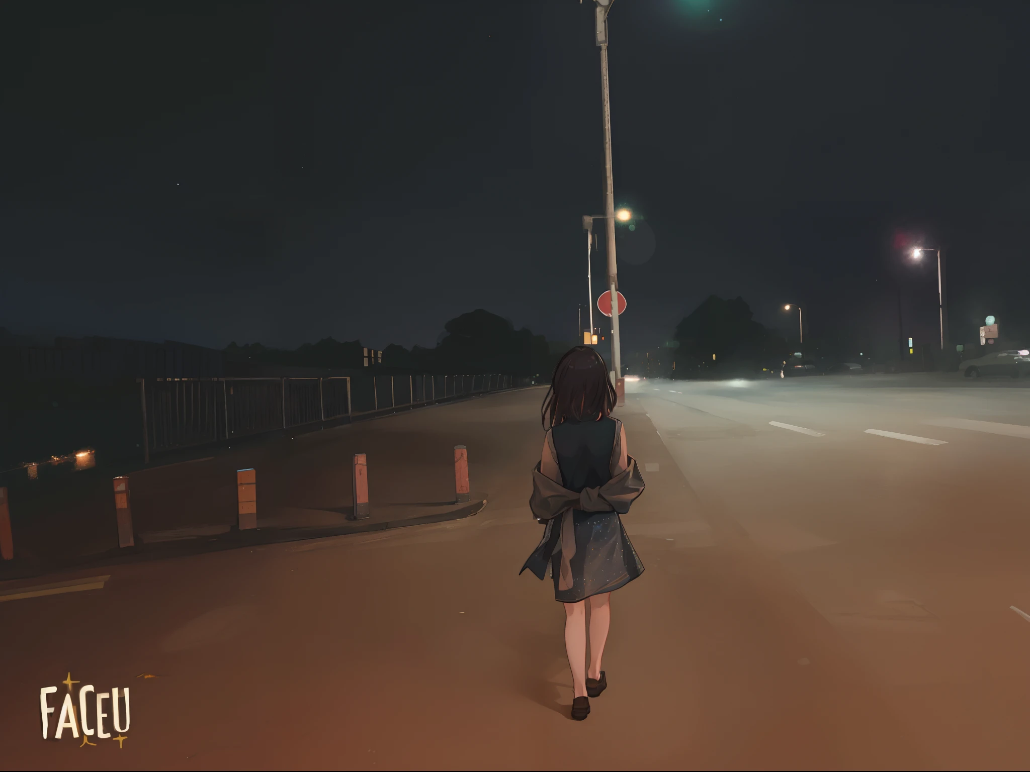 There was a woman on the street at night, far away from camera, calm evening., High-quality footage, lonely human walking, cinematic shot ar 9:16-n 6-g cinematic low lens, harsh flash photo at night,A sky full of stars,Clothes tied around the waist