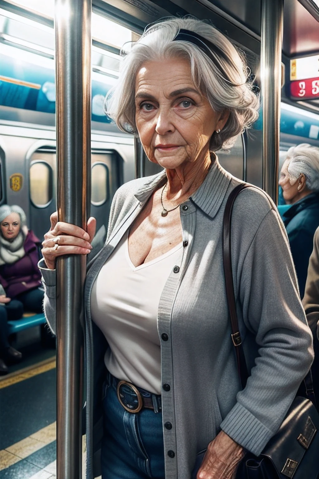 85-year-old woman with gray hair, seductive gaze, a bunch of hair on top, old gray hair, elderly stranger in the subway, awkward situation, many people, train arrived, subway, sexy summer clothes, blue eyes, a lot of wrinkles on her face, old woman, old body with wrinkles, detailed wrinkles (Old women in Europe)proper eye position,cinematic light, , soft light,detailed background, clear background, highly detail, 8k, ultra detailed background, detailed background, showing full body, full body, full body visible, perfect visible background, solo, small breasts, NSFW:1.3, good lips, perfect lips, beautiful lips, detailed lips, detailed cheeks, realistic lips, realistic cheeks