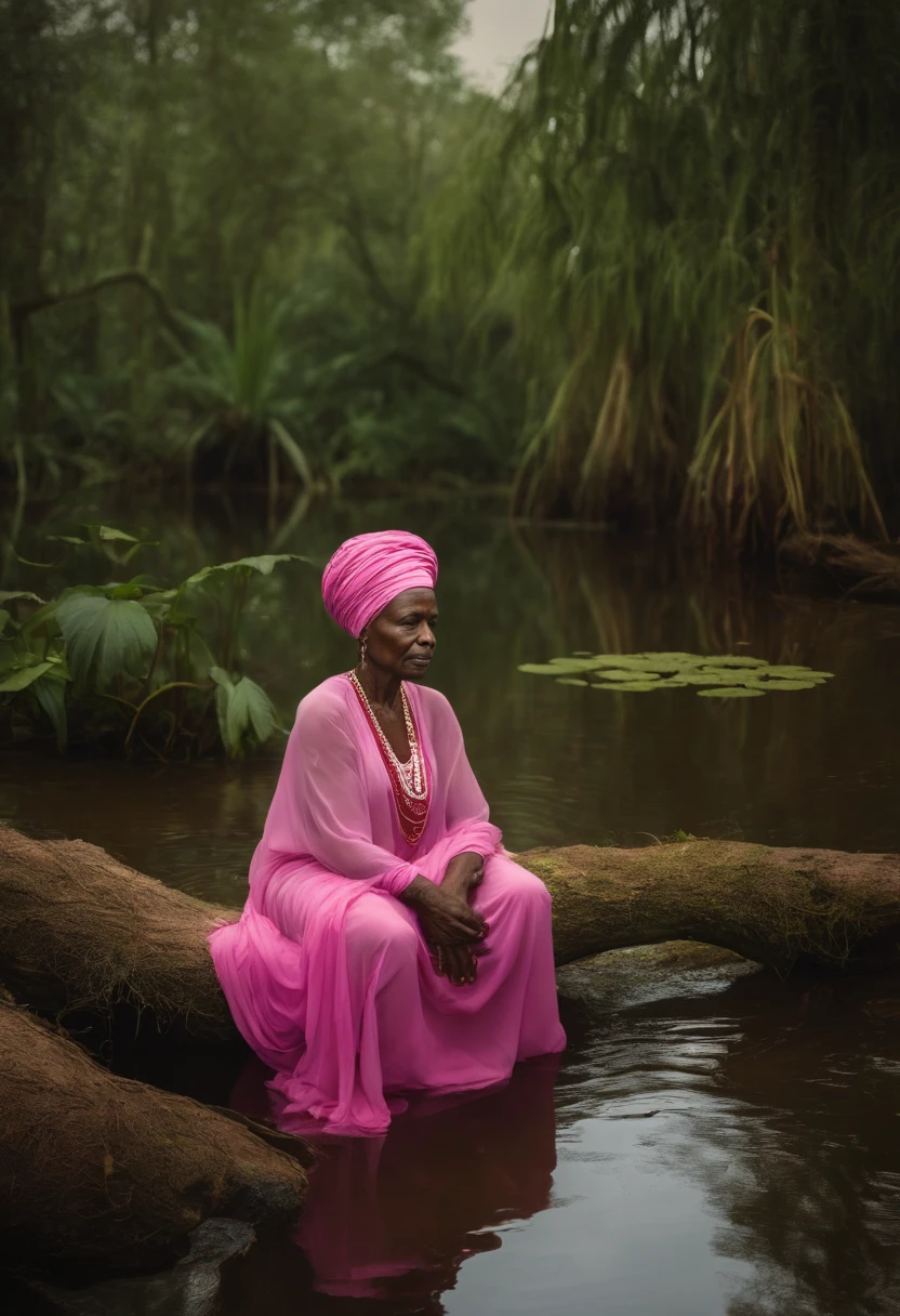 Grandmother, African goddess, dame, elderly. en robes toute rose fluides. en turban rose. Corps entier debout. In the background in the middle of a swamp in nature. Style mythe. mystique. Pouvoir et magie. une vieille dame