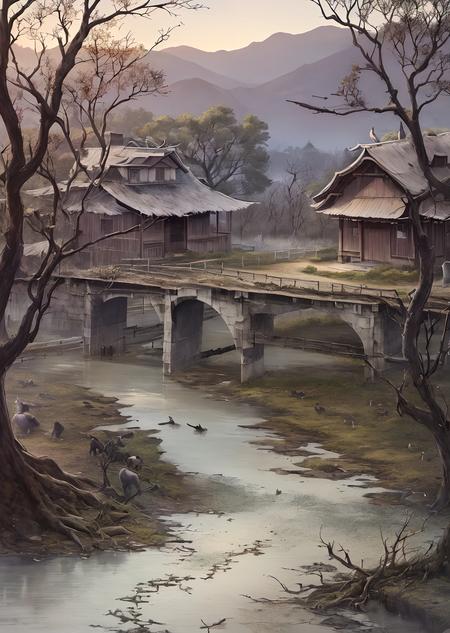 masterpiece, high quality, high resolution,8k, chinese painting ,, Withered vines, aged ((trees)), dusk ((crows)) cawing free,, ((a small bridge)), flowing water, (((a humble dwelling))),  (a horse:1.6),, Westward blows the chilly wind on ((an ancient path)),, As the sun sets, my heart aches with a lonely wrath,,