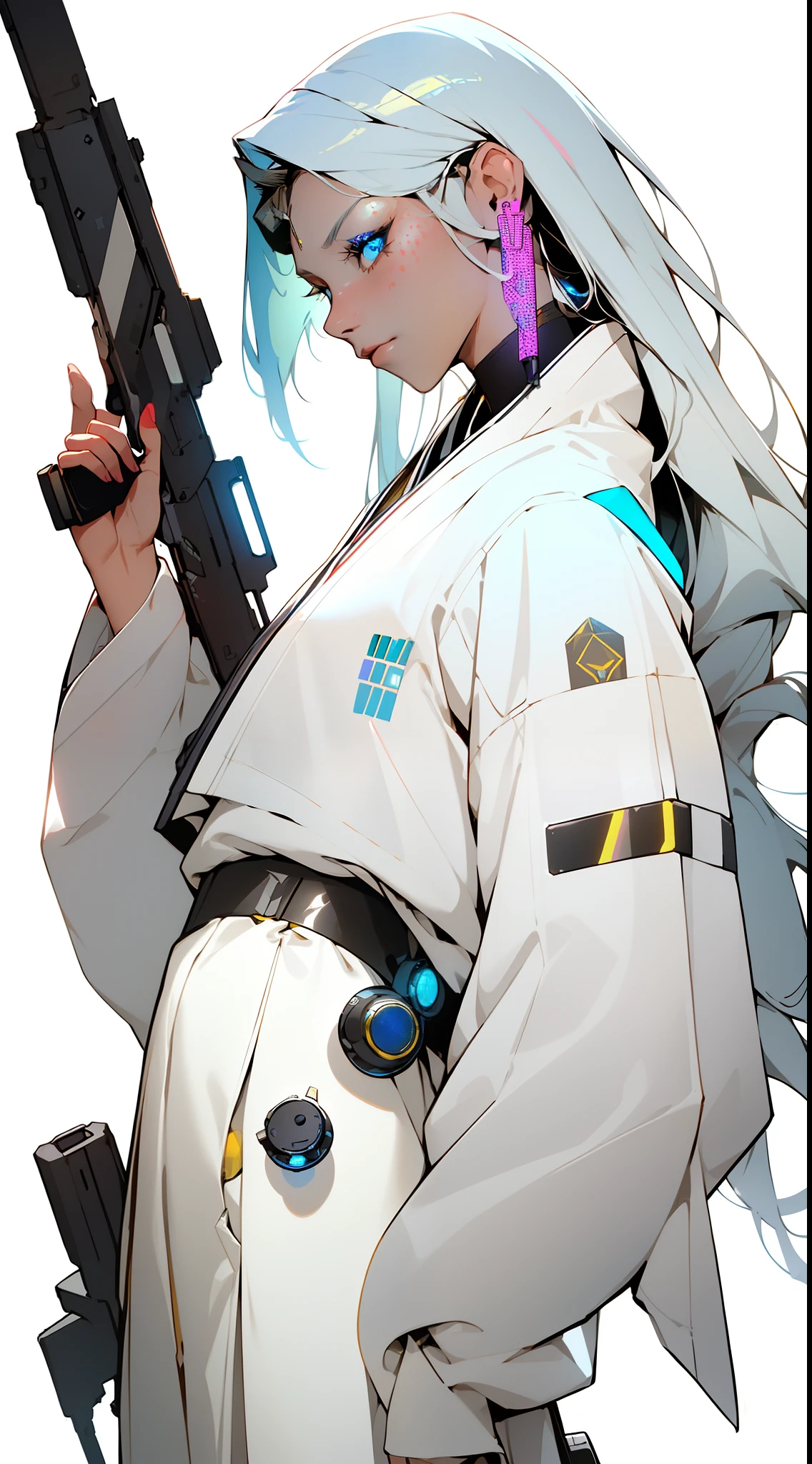 ((Cyberpunk style, robotic arm, holographic aura, surreal sci-fi art, futuristic sci-fi aesthetics)), (1 girl solo), close-up, (resolute eyes), (ancient Chinese clothes, white robe, embroidered collar Uesugi, white large-sleeved shirt, streamers), (hairpin, long black hair, weapons), (Hanfu), (clear facial features, detailed skin texture, beautiful face), white background, earrings, yellow skin, standing, (masterpiece, top quality, best quality), (((flat color))),