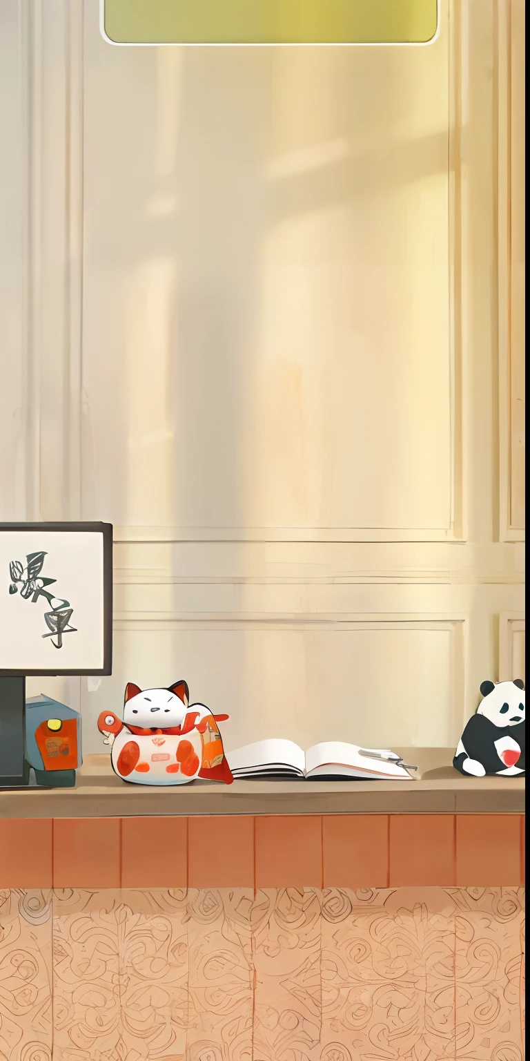 （High-quality work，Clean picture）There is a table at the cash register, Rich Lucky Cat toy details，A panda toy rich in details，The background is a wall，Sunset sun shadow，a warm color palette，anime scene，Illustration scenes，Clean color picture