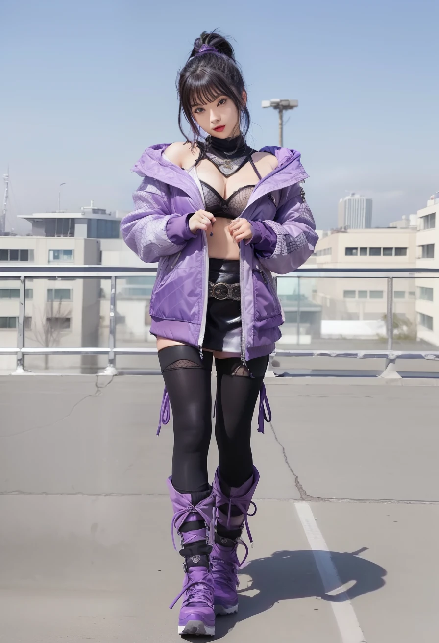 Ninja Idol in Rock Fashion、Good Style、waved hair、Mini tight skirt、Ninja Jacket、Cool idol face、large full breasts、Purple Ninja Fashion、long boots、fishnet tights、