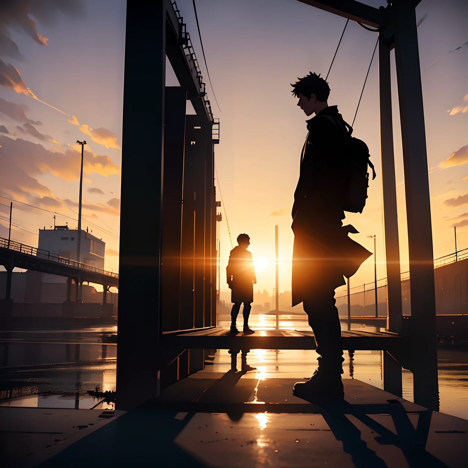 There are two men standing on a bridge at sunset, silhouetted, silhouette!!!, silhoutte, silhouette :7, silhouettes, looking straight ahead, siluette, photo taken in 2 0 2 0, industrial photography, sun behind him, overpass, archival pigment print, by Matt Stewart, conceptual, bridges, profile shot, silhouette
