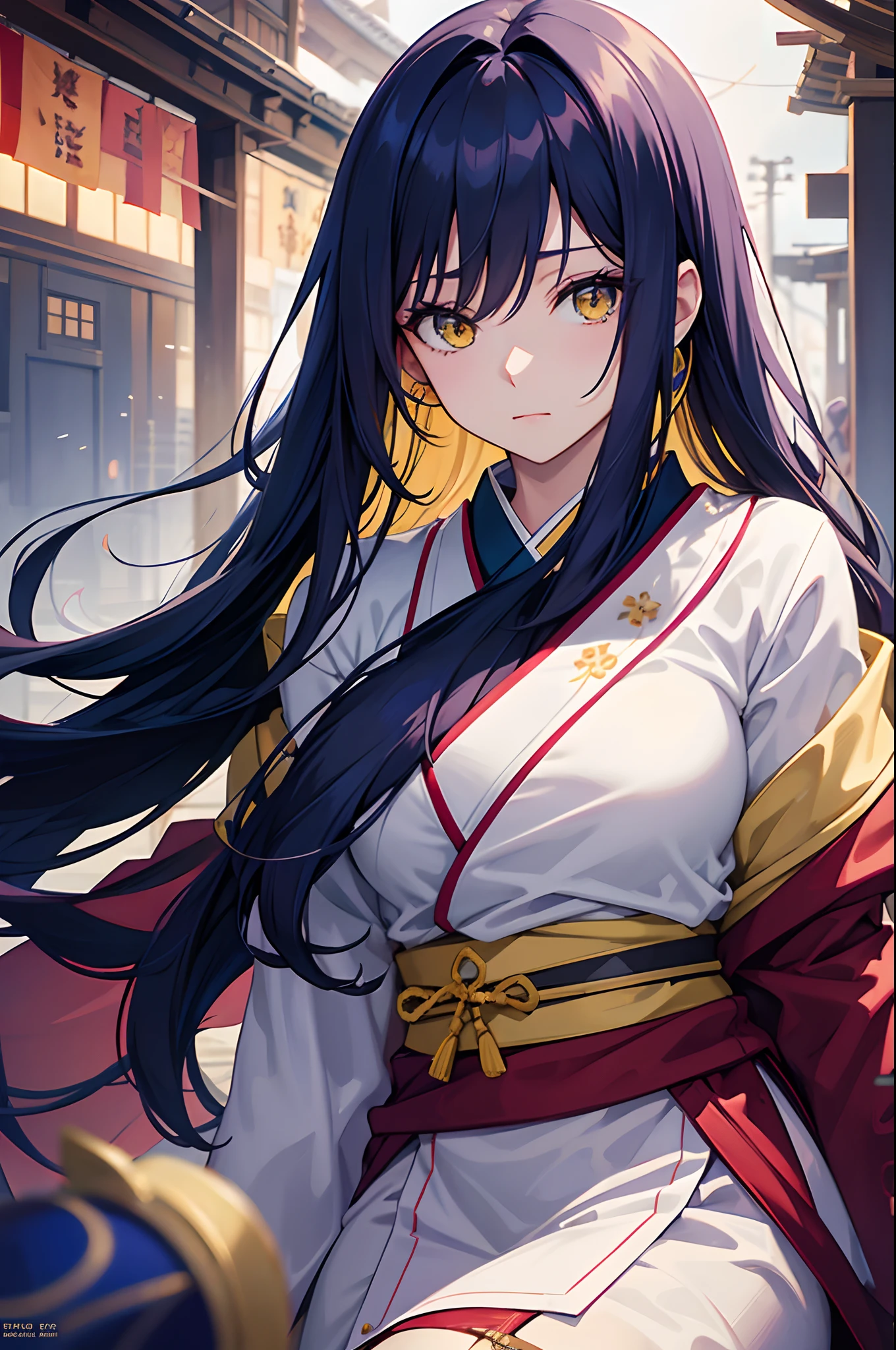 Anime girl with long black hair sitting on a bench in a city - SeaArt AI