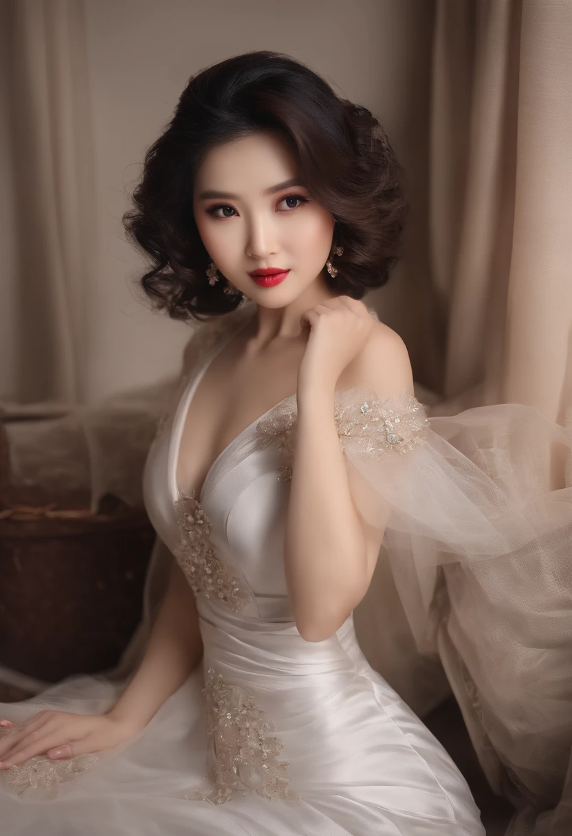 Asian women,tmasterpiece,Highest quality,photorealistic realism,Tremendously beautiful,Very detailed,Female characteristics are distinct,huge boob,whole body display,wearing short skirt,Plate hair,1 woman