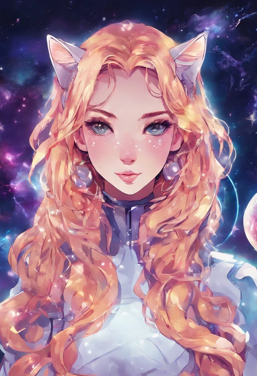 A girl with a cat in space,illustration,oil painting,medium,detailed eyes and face,long eyelashes,soft smile,silky hair floating in zero gravity,beautiful detailed lips,sparkling stars in the background,cosmic colors,nebulae,galaxies,purple and blue color tones,evoking a sense of wonder and adventure,studio lighting(best quality,4k,highres:1.2),ultra-detailed,realistic,sci-fi,bokeh.