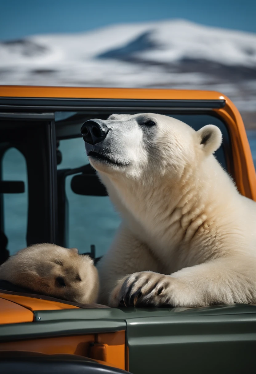 photo realistic 8k high resolution image, Spitsbergen plateau in spring, polar bear with a fish in its mouth on the seashore, view through the side window of a jeep wrangler,