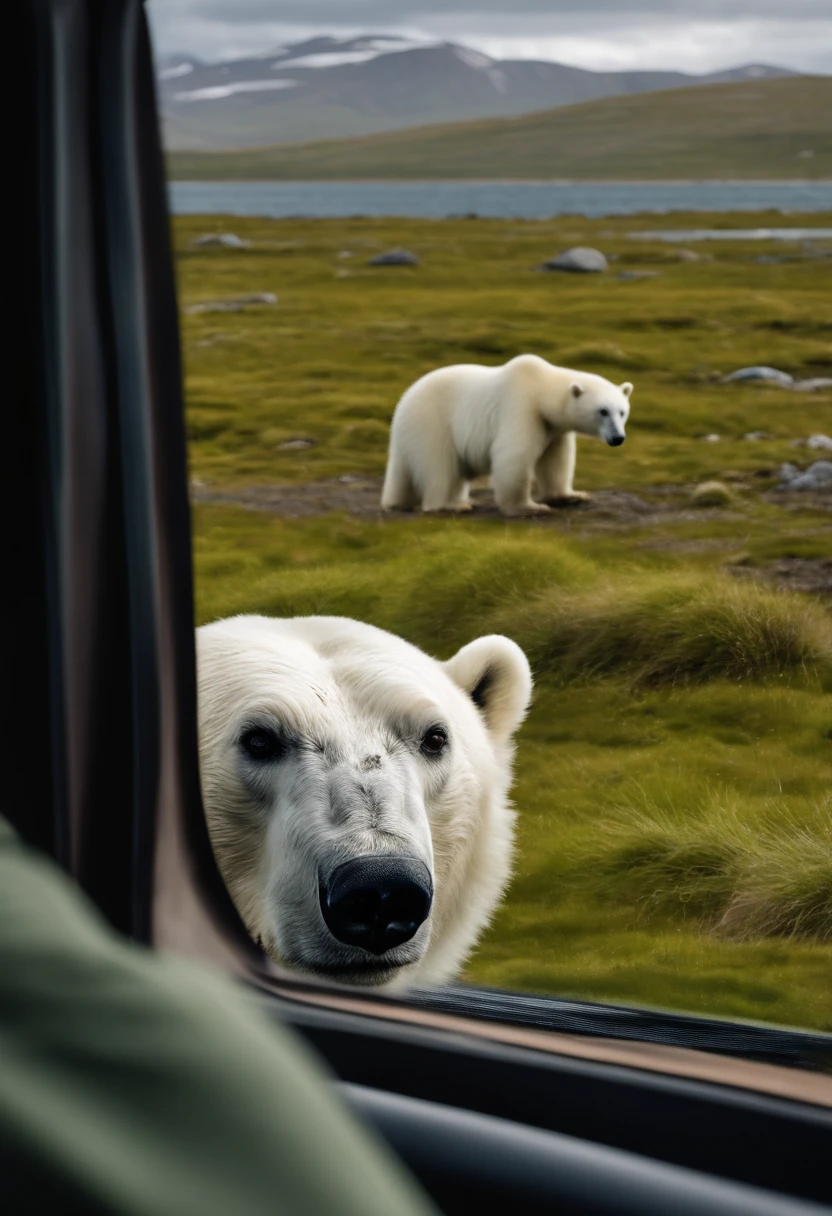 photo realistic 8k high resolution image, Spitsbergen plateau in spring, polar bear with a fish in its mouth on the seashore, view through the side window of a jeep wrangler,