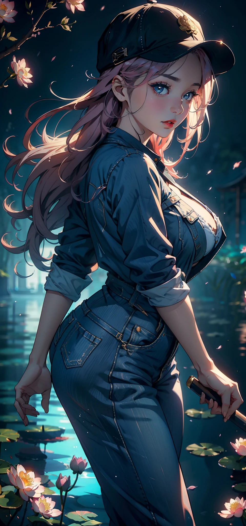 1female,45 yers old,Married Woman,熟妇,plumw,extremely large bosom, 独奏,(Background with:ponds,Cherry blossom forest,lotus flower)Lie underwater, She has long pink hair,seen from the front,, mostly cloudy sky,(((tmasterpiece),(Very detailed CG unity 8K wallpaper),best qualtiy,cinmatic lighting,detailed back ground,beatiful detailed eyes,Bright pupils,Black eyes,Snow-whiteskin,Redlip(Very fine and beautiful),(Beautiful and detailed eye description),ultra - detailed,tmasterpiece,))facing at camera,A high resolution,ultra - detailed),revealing breasts,Bare genitalia, Bulge,legs are open,Raised sexy,Camel toes,Desire for dissatisfaction,frontage,(Wearing:Blue denim jacket,lace panty,baseball cap)