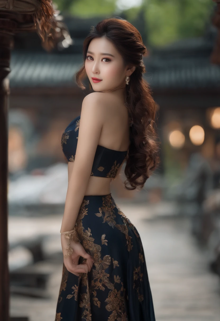 Asian women，tmasterpiece，Highest quality，photorealistic realism，Tremendously beautiful，Very detailed，Female characteristics are distinct，huge boob，whole body display，wearing short skirt，Plate hair，1 woman