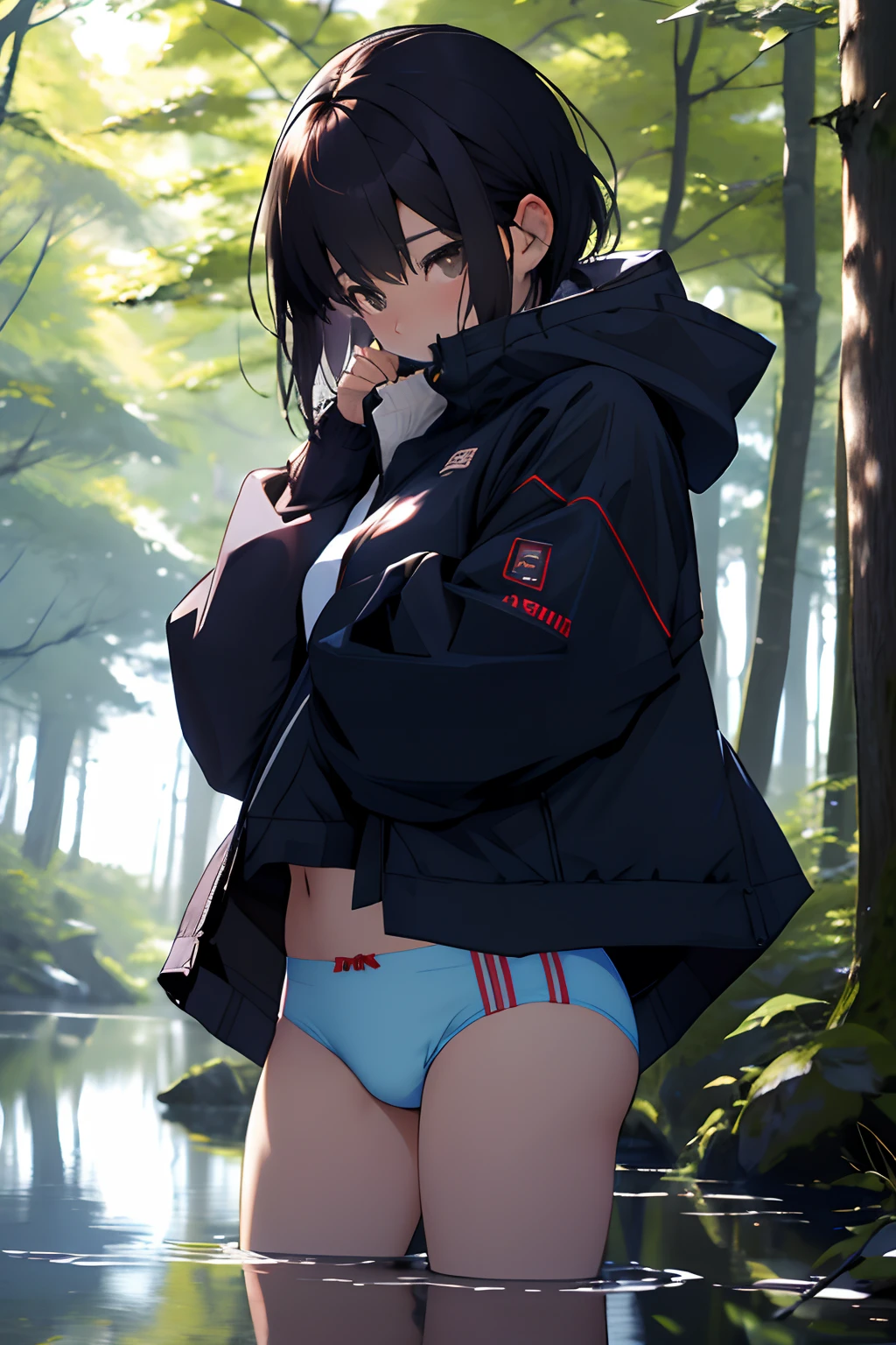 Hide and seek、A Japanese Lady、A dark-haired、realisitic、lightly dressed、The whole body is reflected、The human、in woods、Light jacket、Embarrassed、Underwear visible