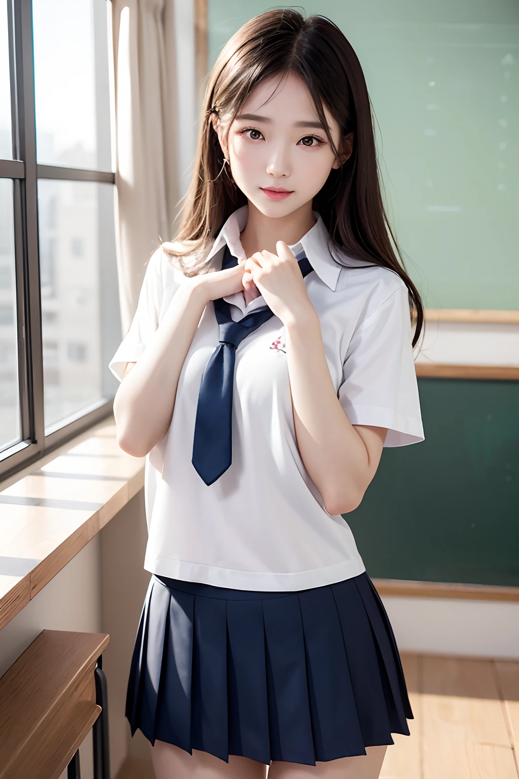 1 girl、japanes、Watching the view、Schools、Homeroom(Homeroom:1.5)、A smile(A smile:1.5)、Medium chest、beautiful finely detailed eyes、during daytime、length hair(length hair:1.4)、Kawaii School Uniforms(Kawaii School Uniforms:1.5)、de pele branca、(8K、top-quality、​masterpiece:1.2)、(realisitic、Photorealsitic:1.37)、ultra-detailliert、Twin-tailed(Twin-tailed：1.7)、The navel is slightly visible(The navel is slightly visible:1.1)