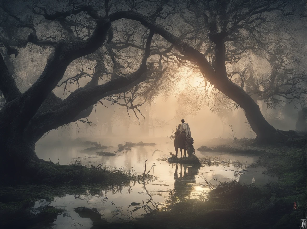 A tree without leaves and ugliness in the center,Many dry branches are realistic,。.3D,4K,8K,cinematic ligh,terroral,panicking,terroral,sinister. The scene is captured in a beautiful digital art style. The image quality is the best,The resolution is 4K。. It is very detailed and realistic, Equipped with professional studio lighting and vibrant colors. The overall tone is dull and impermanent, Create a sense of mystery. Moonlight soft casting, An ethereal glow over the swamp, Light up the path of travelers. The traveler wears tattered clothes,holding a lantern, Add to the atmosphere. The traveler's face is detailed, His eyes were filled with awe and curiosity。. They carefully walked through the swamp, Step on mossy rocks,Avoid dangerous swamps. The croaking of frogs and distant whispers filled the air。。, Enhance the creepy atmosphere. The mist moves slowly through the swamp, Add unpredictable elements to your scene. Shot on 70mm lense, Depth of field, degrees of freedom, 32K