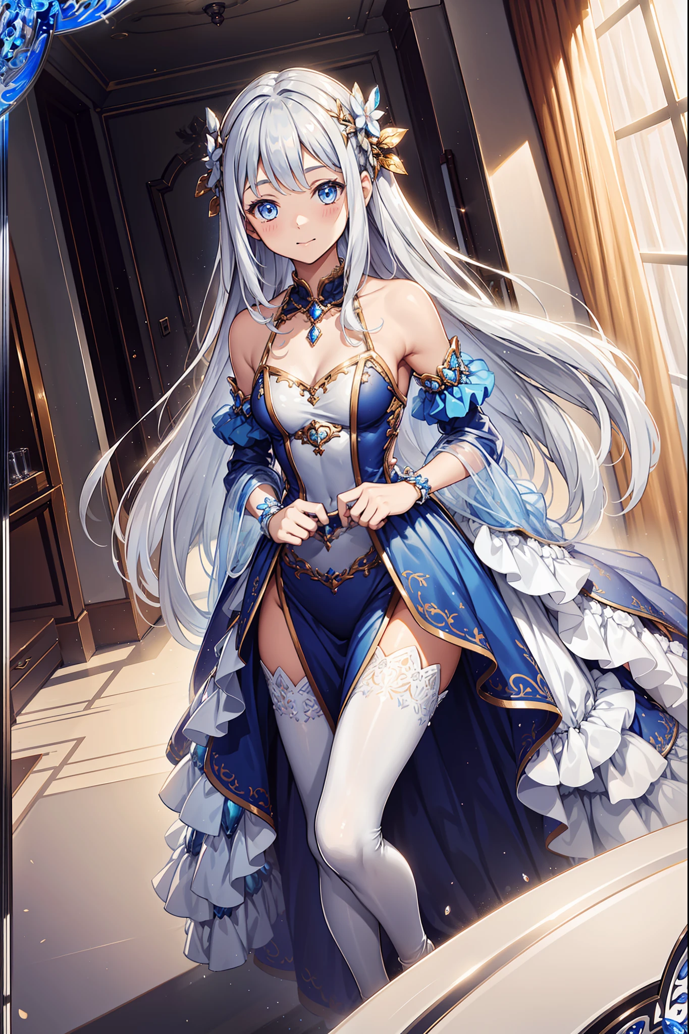 teens girl，Enchanted，having fun，Being in love，Princess dress in white fantasy world，Light silver hair，eBlue eyes，A small amount of lilac pattern，A small amount of sky blue cloth，(see-through transparent clothes)，exquisite costumes，Bedrooms，solo person，the night，Simple pantyhose，A small amount of lace，Dazzle