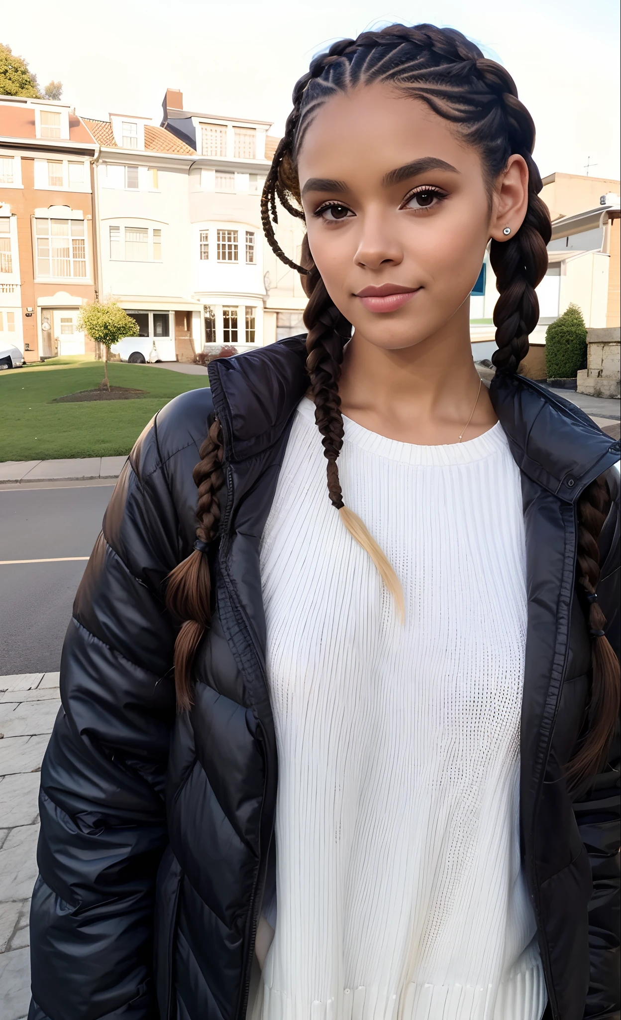 Woman in a white sweater and black jacket standing on a street, com rabo-de-porco preto, Hairstyle Braids, Two Hairstyles Braids, plaits, braid braids, Cabelo de rabo de porco, pelos em rabos de porco, girl with plaits, rabo de porco longo, lindo kacey rohl, pelos curtos de rabo-de-porco, pigtail, lindo modelo jovem