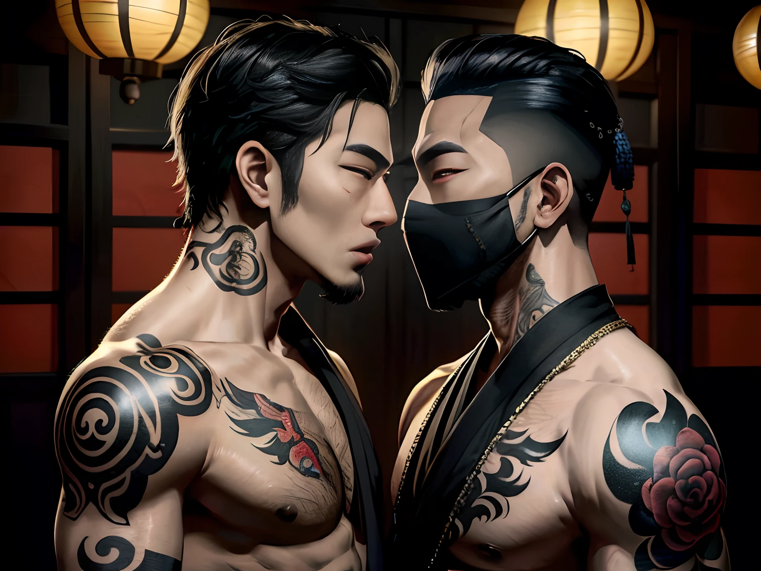 There were two men with tattoos on their arms and chests, jin shan and ross tran, akehiko inoue and ross tran, alessio albi and shin jeongho, ross tran and bayard wu, two muscular men entwined, artgerm and genzoman, yiqiang and shurakrgt, yaoi, two anime handsome men