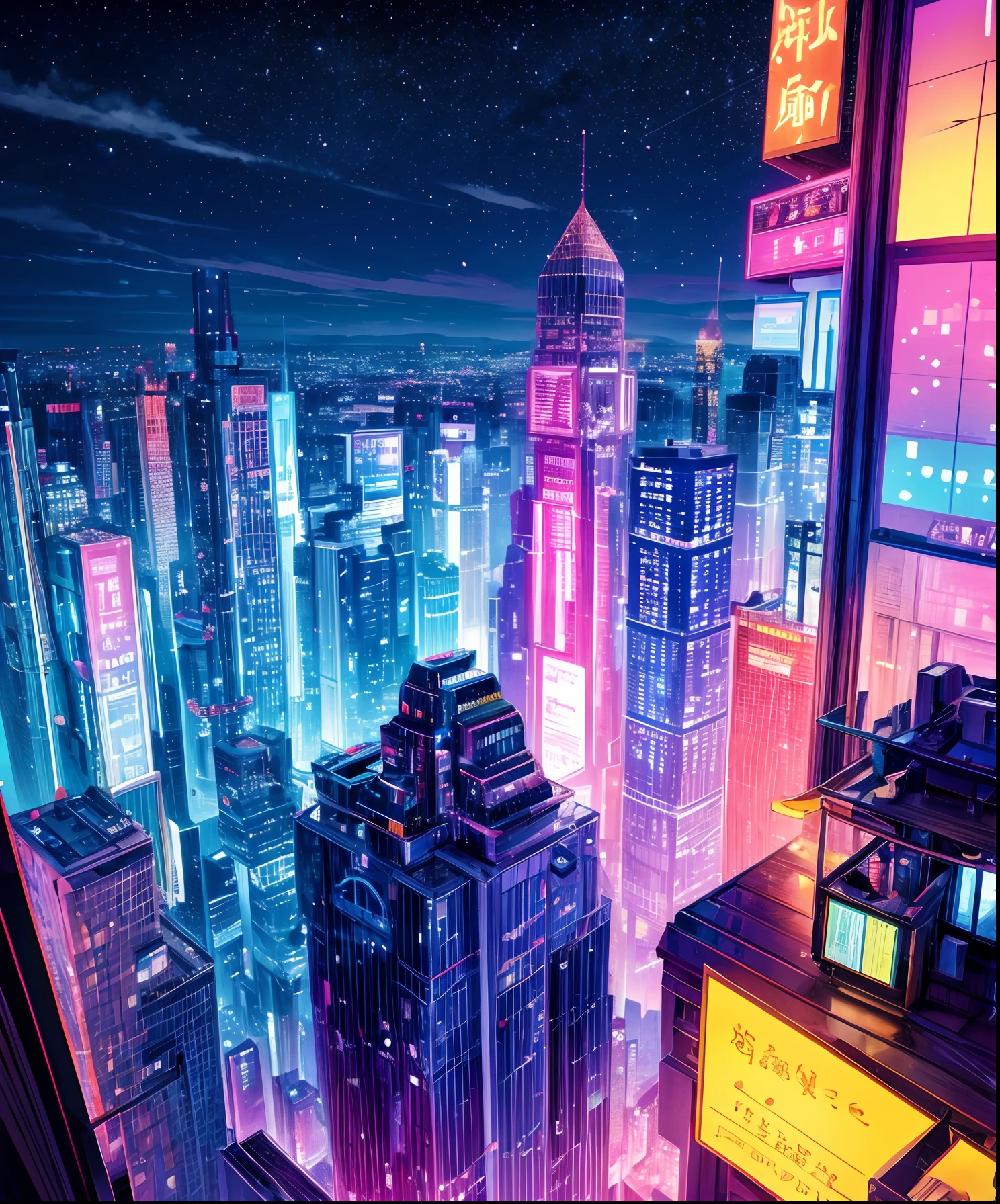 A view of a city at night with neon lights and skyscrapers - SeaArt AI