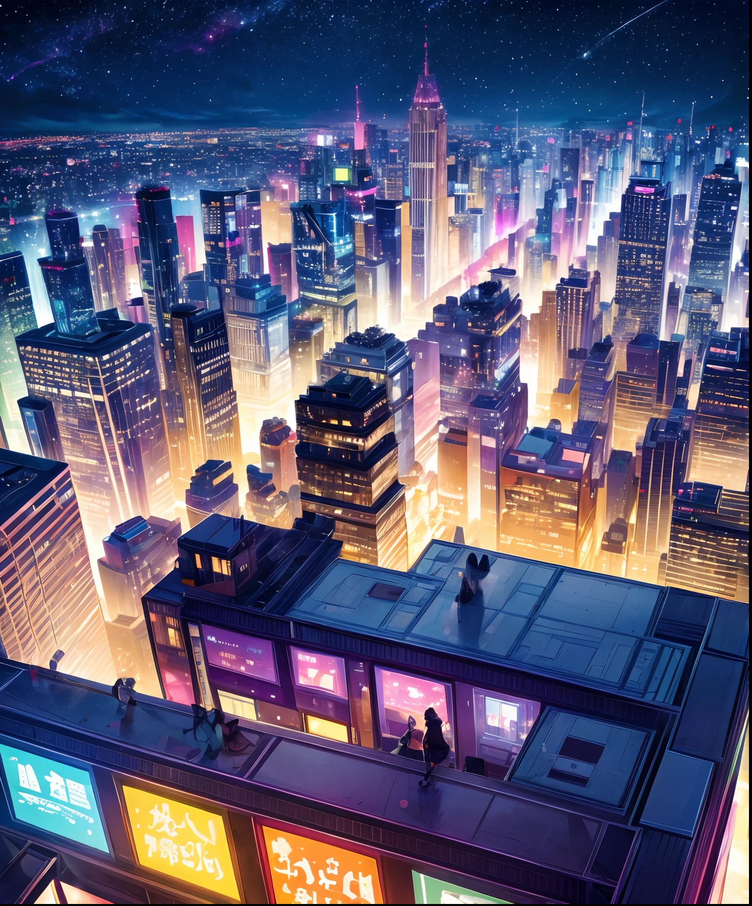 Sheet music playback、Colorful sheet music is played、Cute girl characters、 Night view from a high place、Drawing a large number of skyscrapers, Looking up at the starry sky. Surround her with colorful nebulae and colorful metropolis.