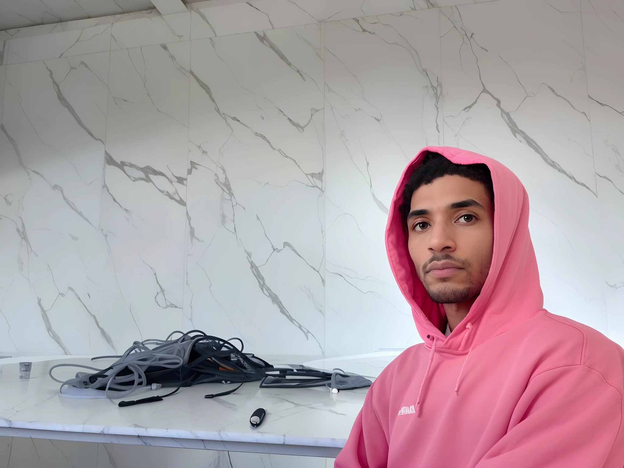 there is a man in a pink hoodie sitting at a desk, riyahd cassiem, artistic pose, profile pic, profile photo, with accurate face, profile picture, , very very low quality picture, very artistic pose, marble room, photo taken in 2 0 2 0, facebook post, high quality wallpaper, red and white marble panels