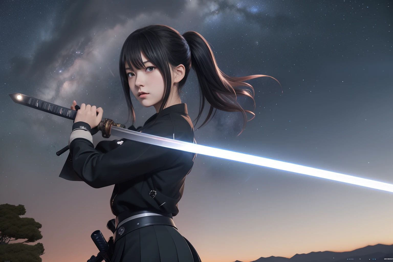 Anime girl holding a sword in front of the starry sky, badass anime 8 K, anime style 4 k, she is holding a katana sword, 4k anime wallpaper, anime wallpaper 4 k, anime wallpaper 4k, 4 k manga wallpaper, dramatic wielding katana pose, artwork in the style of guweiz, Anime style. 8K, With lightsaber sword
