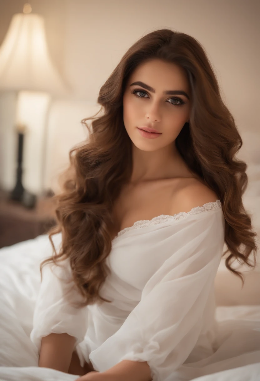 sexy girl with brown eyes, 21 years old, ultra realistic, meticulously detailed, wavy brown hair and large eyes, selfie of a young woman, dubai eyes, natural makeup, looking directly at the camera, subtle makeup, stunning full body shot kneeling on bed, in bedroom,