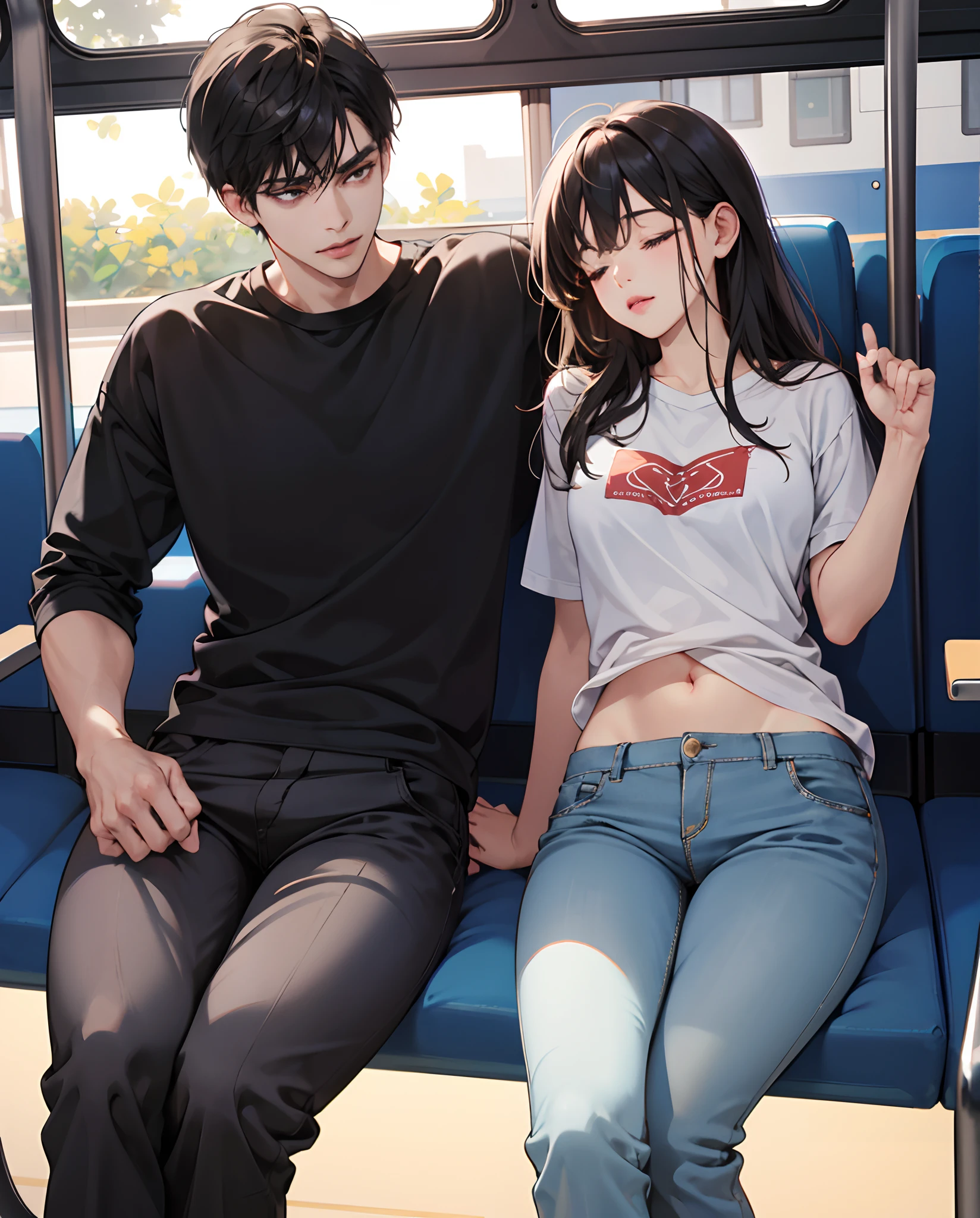 1 mujer hermosa, adulto, cuerpo grande, desnuda, rubio, labios rojos, pelo corto, outlined eyelids, Eyelids made up, camiseta negra, escote, pantalones vaqueros azules, Sleeping sitting on the bus, boca abierta, eyes closed
