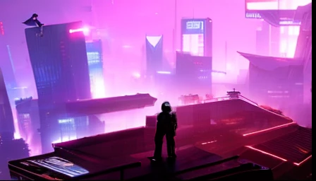 Anime scene of a man standing on a platform of a building, in the cyberpunk city, He is traversing the City of Shadows, at a cyberpunk city, at a cyberpunk city, Blade Runner City's, persona 5 phantom thief style, at a cyberpunk city, china town blade runner, in a Cyberpunk city, in a futuristic cyberpunk city, Persona 5 Style
