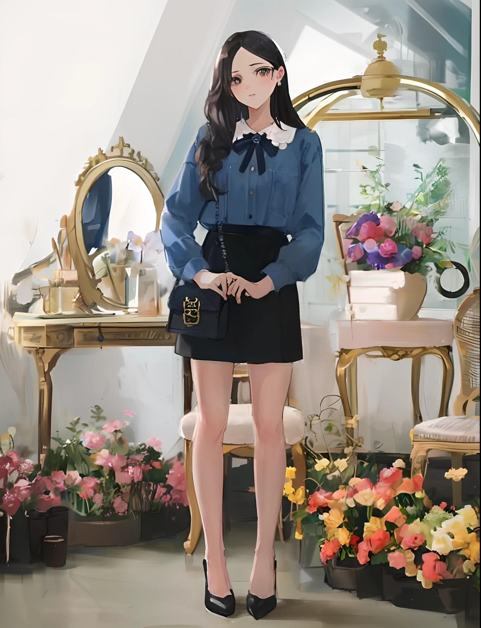 (simple background, simple drawing:1.4), a woman standing in a room with a mirror and a chair, high-waist-black-skirt, korean women's fashion model, wearing an elegant outfit, decorative dark blue clothing, captivating and enticing, frilled blooming collar, casual clothing style, modern fashion outfit, trendy clothes, mini-skirt, full body cute young lady, feminine in cute pastel shades