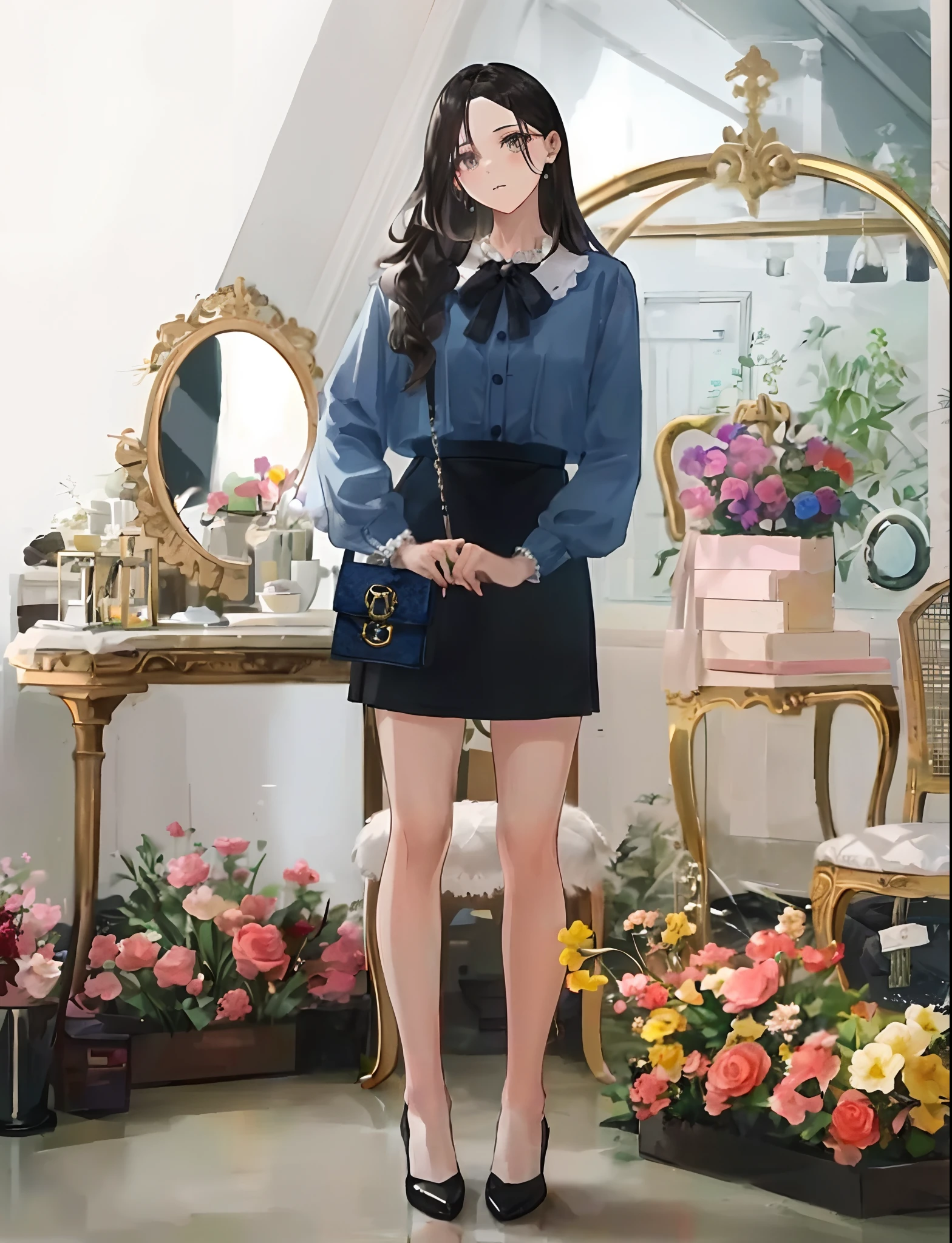a woman standing in a room with a mirror and a chair, high-waist-black-skirt, korean women's fashion model, wearing an elegant outfit, decorative dark blue clothing, captivating and enticing, frilled blooming collar, casual clothing style, modern fashion outfit, trendy clothes, mini-skirt, full body cute young lady, feminine in cute pastel shades