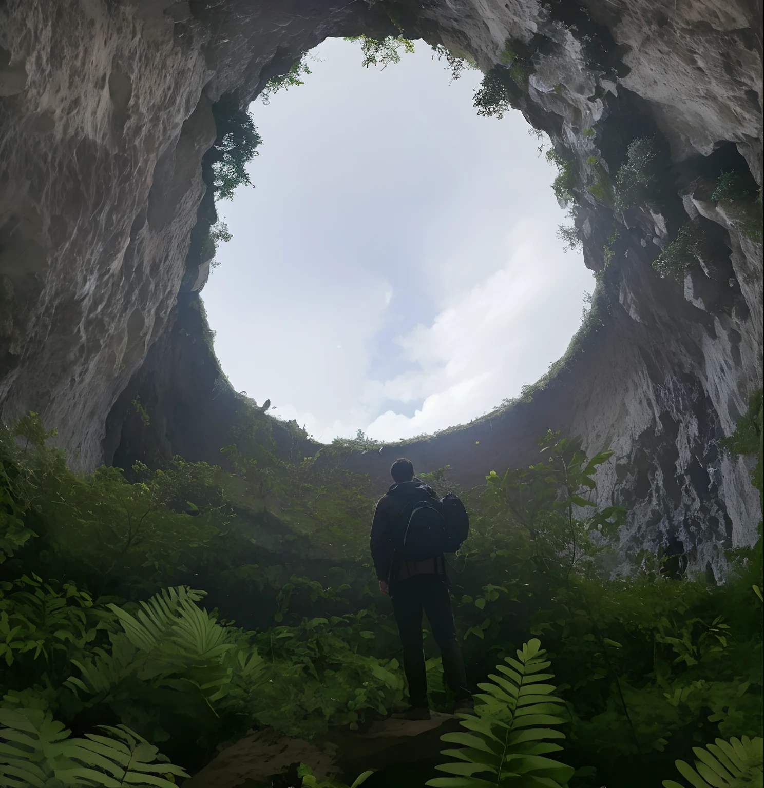 there is a man standing in a cave looking up at the sky, looking into a mysterious cave, an extremely large cave, inside an enormous vast cave, huge black round hole, looking through a portal, portal to another world, marble hole, world seen only through a portal, inside a humongous cave, in the middle of round ruins, cave entrance