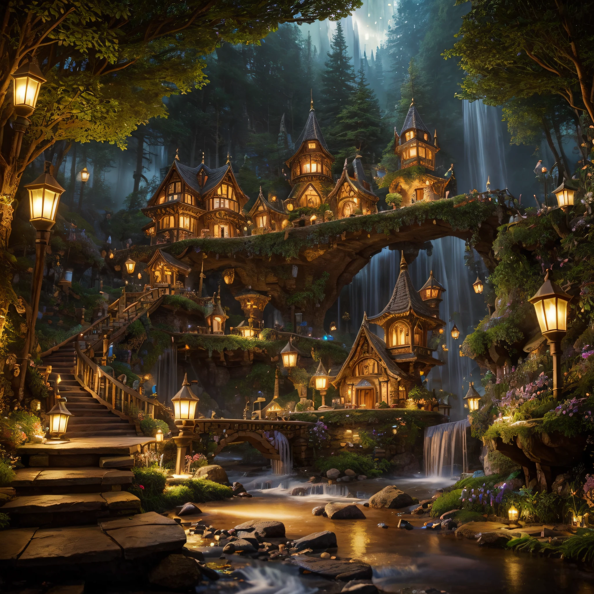 (best quality, 4k, 8k, highres, masterpiece:1.2), ultra-detailed, realistic:1.37, a hidden city of gnomes, underground environment, mystical ambiance, ancient architecture, vibrant colors, magical lighting, intricate details, whimsical atmosphere, bustling gnome community, cobblestone streets, ornate doors and windows, enchanting flora and fauna, winding tunnels, secret passageways, cozy gnome homes, elaborate sculptures, sparkling gems and crystals, shimmering waterfalls, mysterious shadows, hidden treasures, flickering lanterns, mischievous gnome activities, sense of wonder and adventure, immersive exploration, rich history and folklore